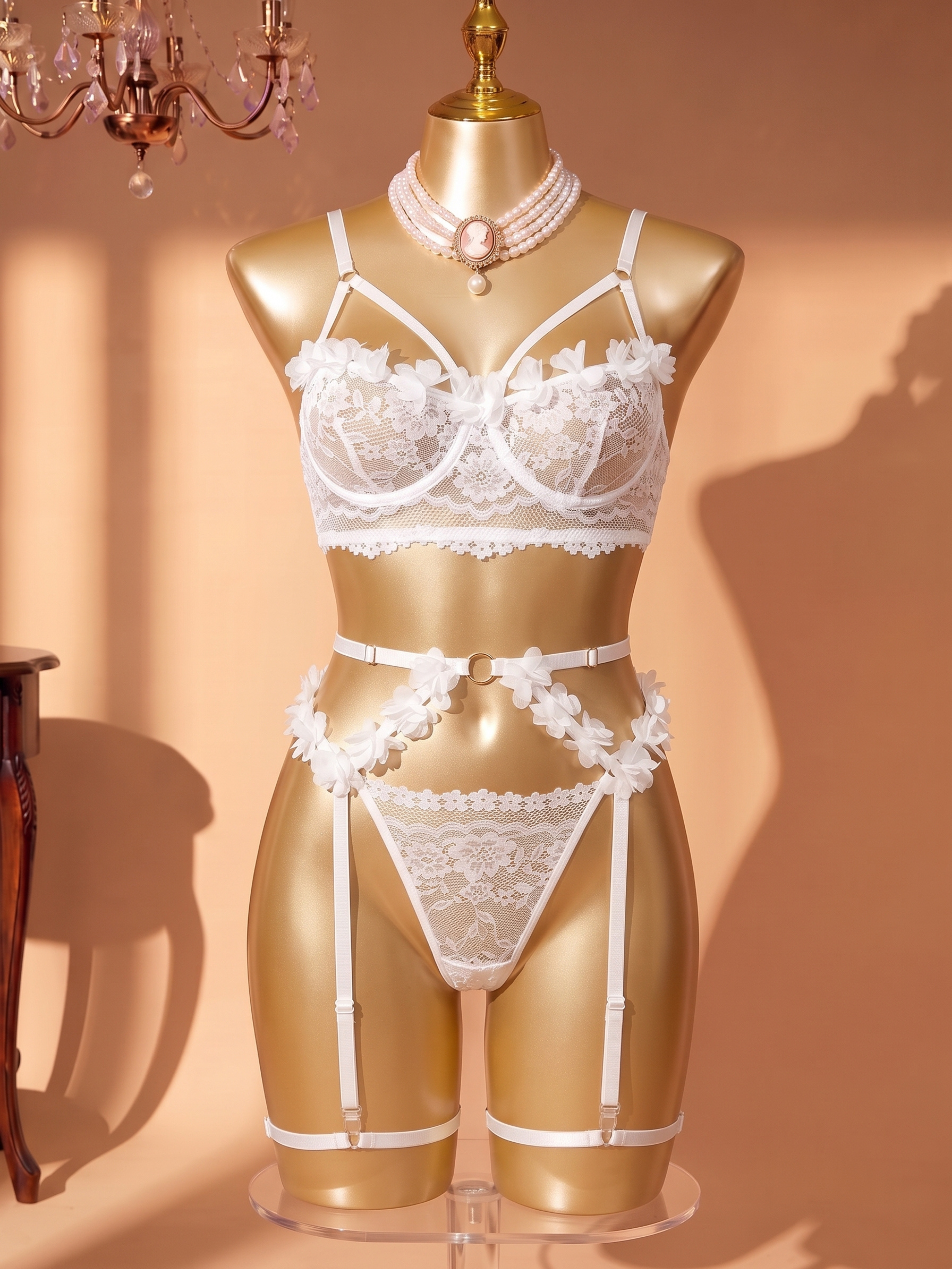 Ivory Blossom Strappy Lingerie Set