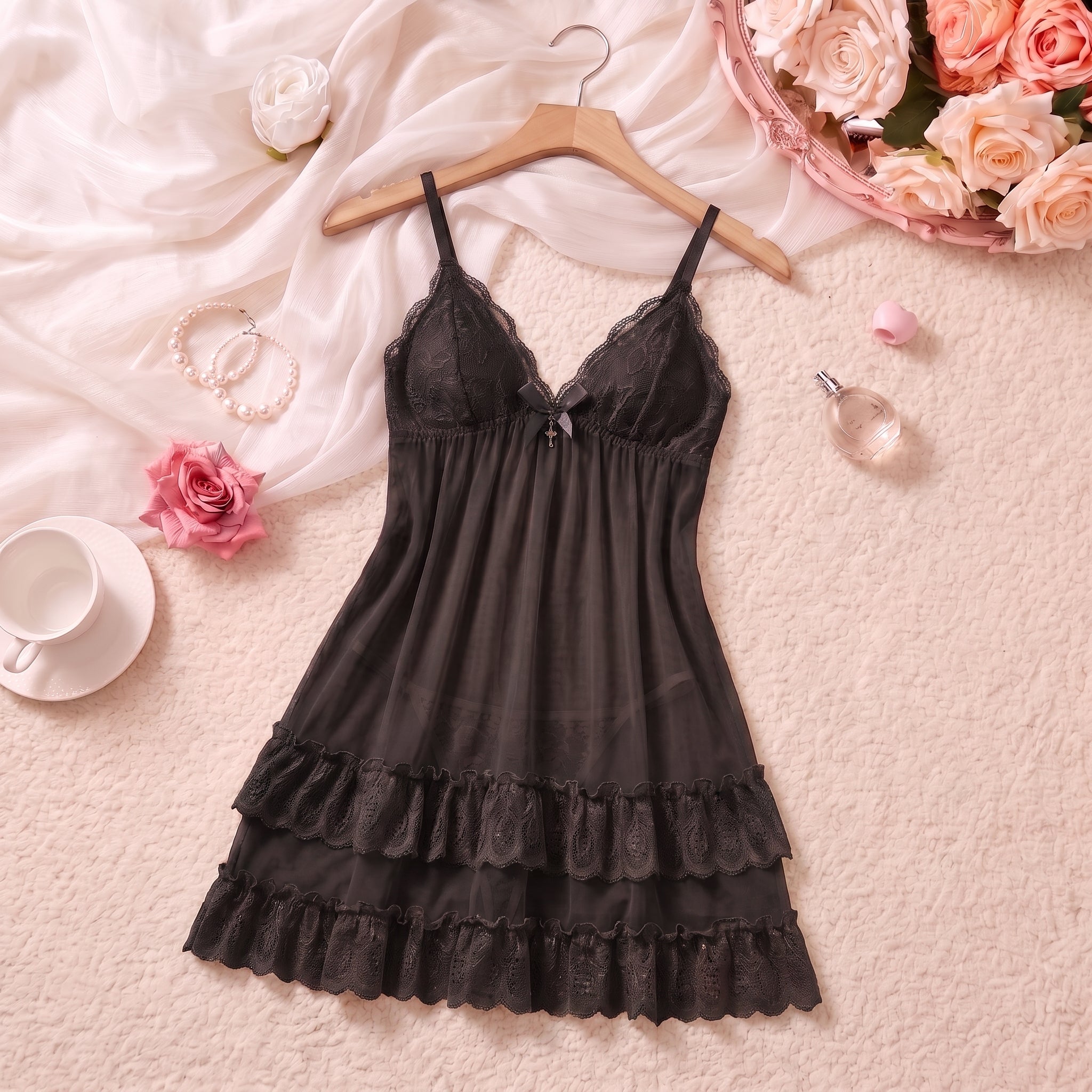 Noir Tiered Lace Babydoll Set