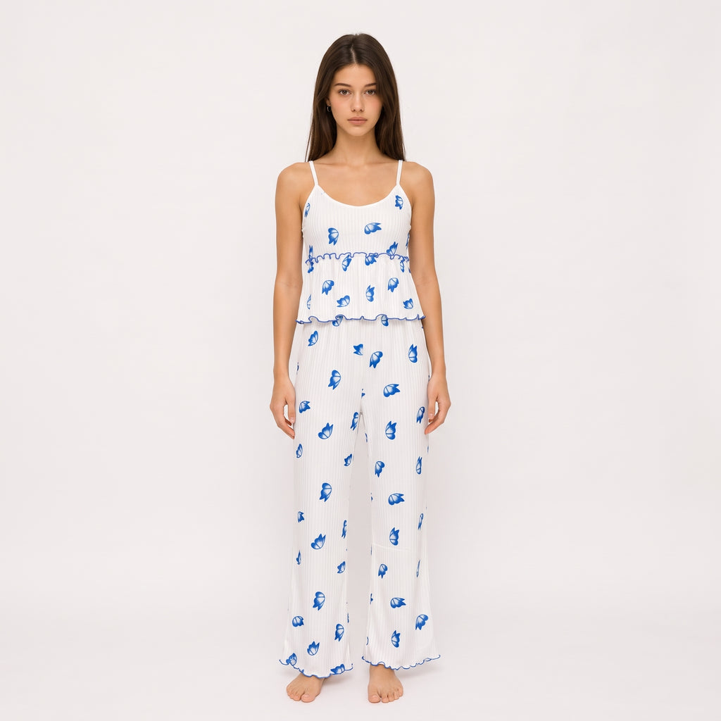 Blue Butterfly Ribbed Lounge Set