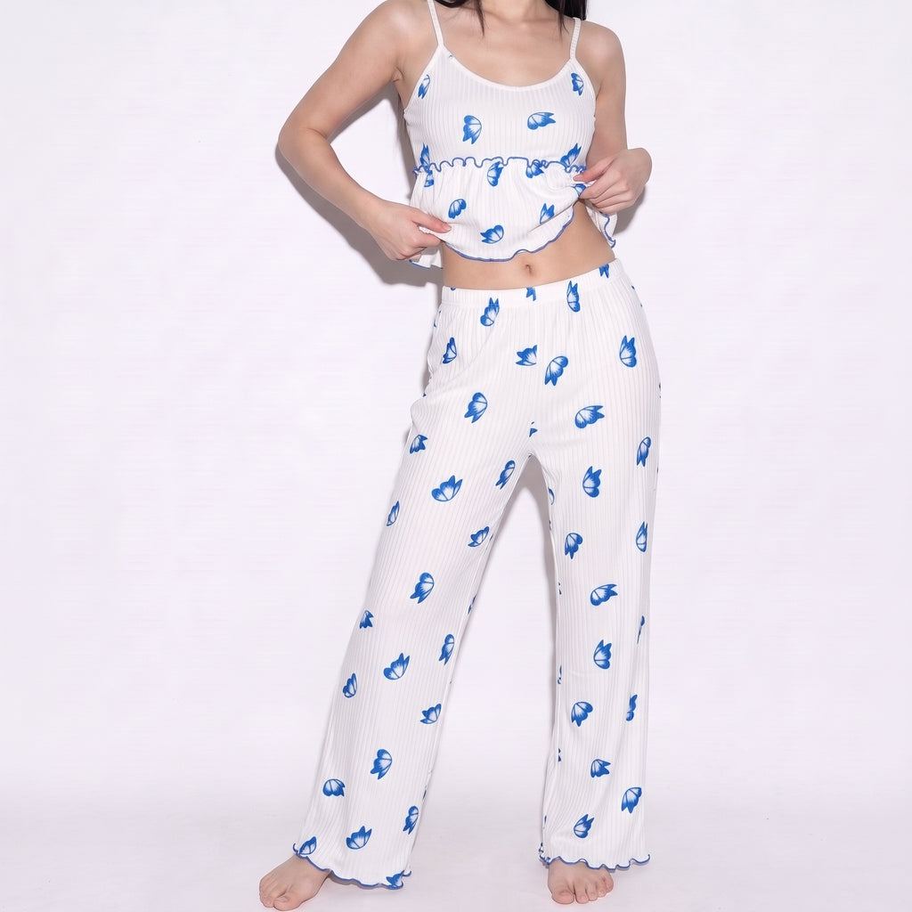 Blue Butterfly Ribbed Lounge Set