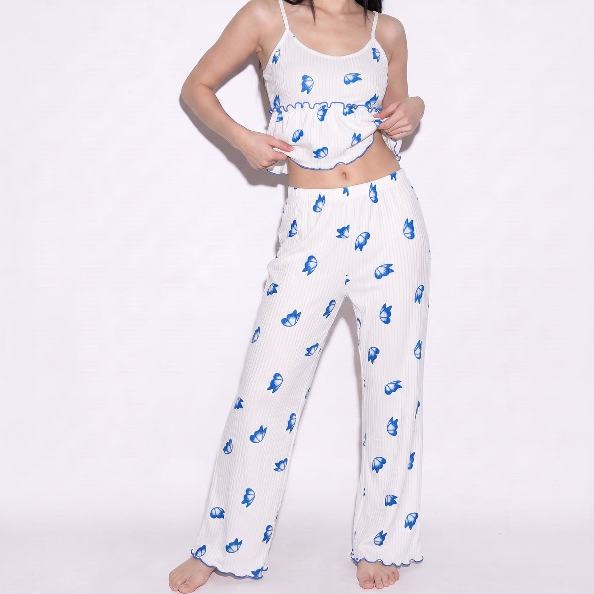 Blue Butterfly Ribbed Lounge Set