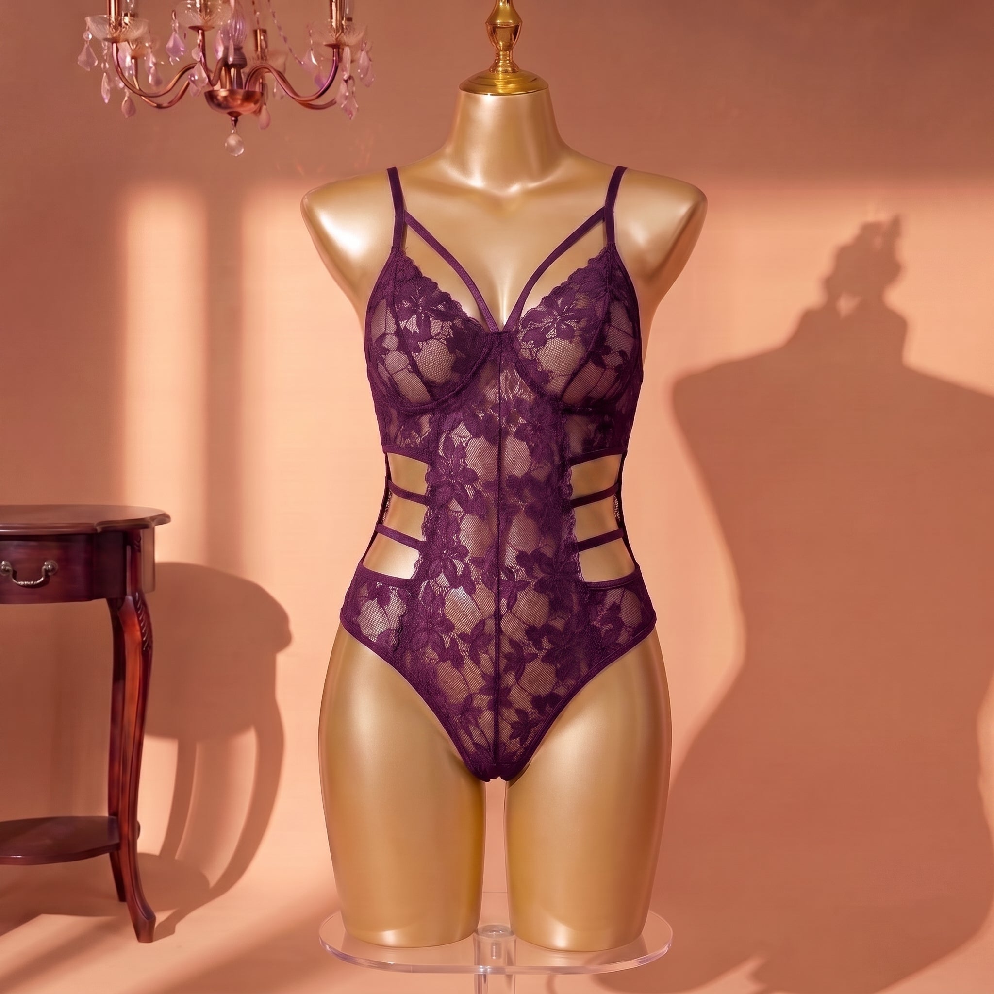 Plum Allure Strappy Lace Bodysuit