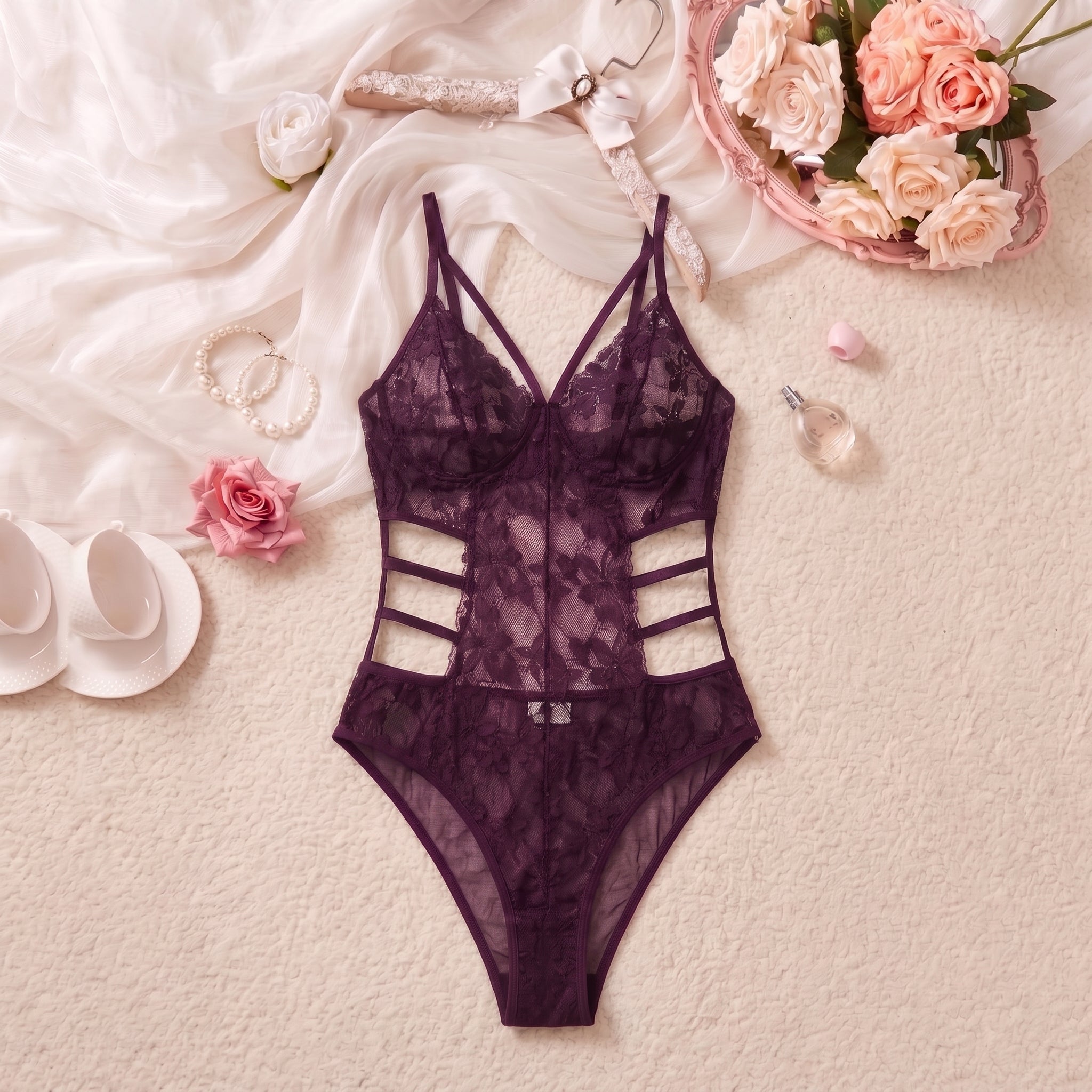 Plum Allure Strappy Lace Bodysuit