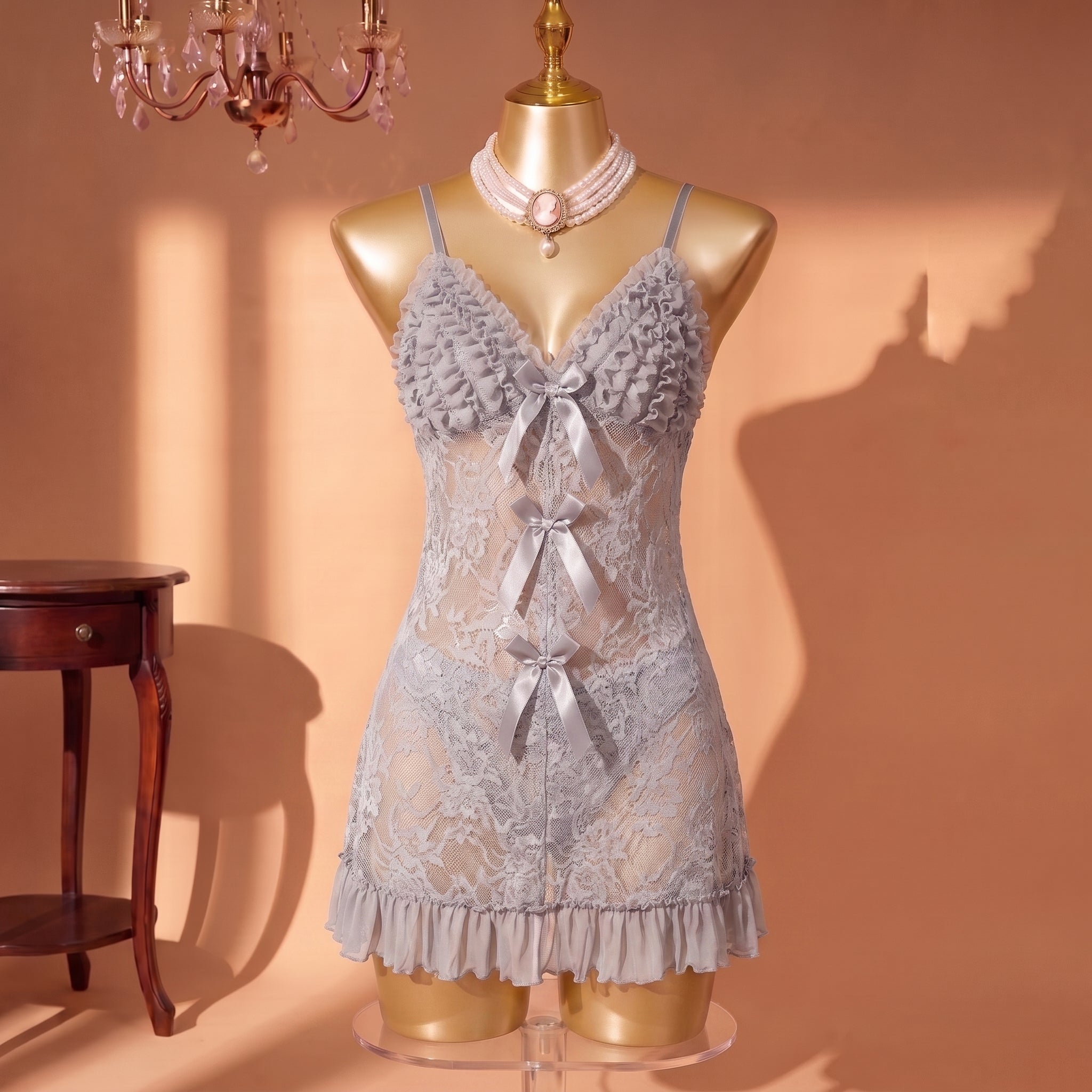 Dove Reverie Ruffled Lace Slip Set