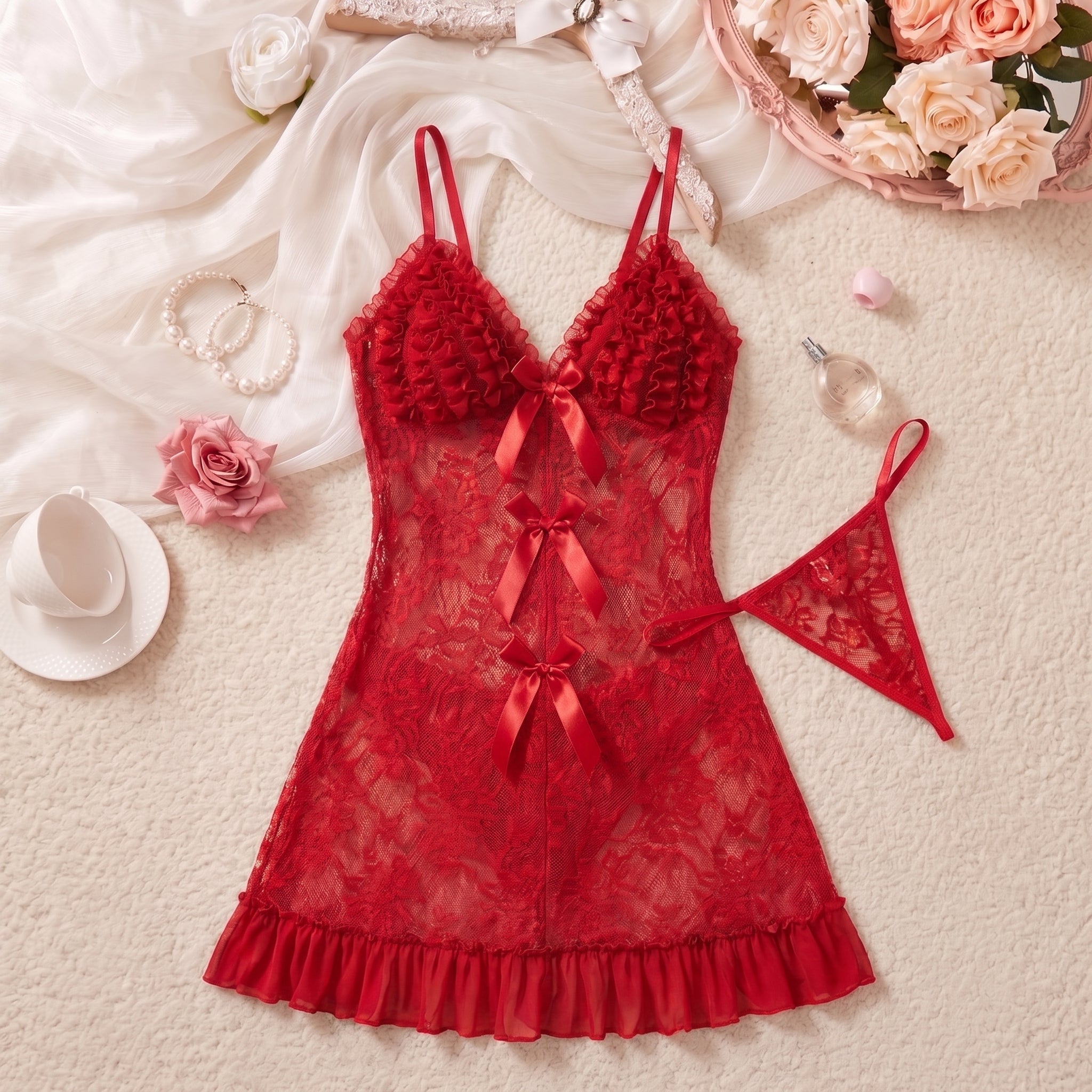 Dove Reverie Ruffled Lace Slip Set