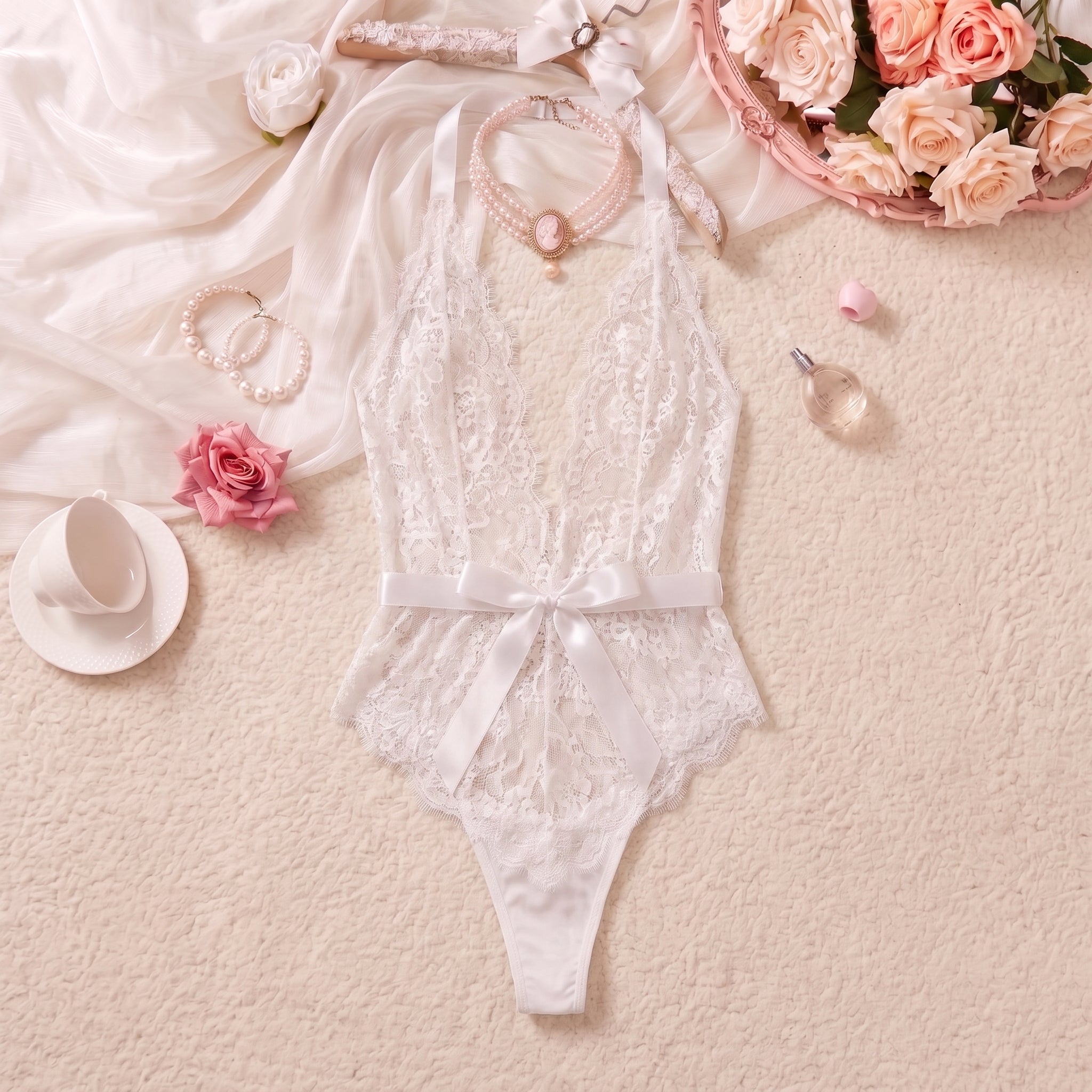 Silver Reverie Halter Lace Bodysuit