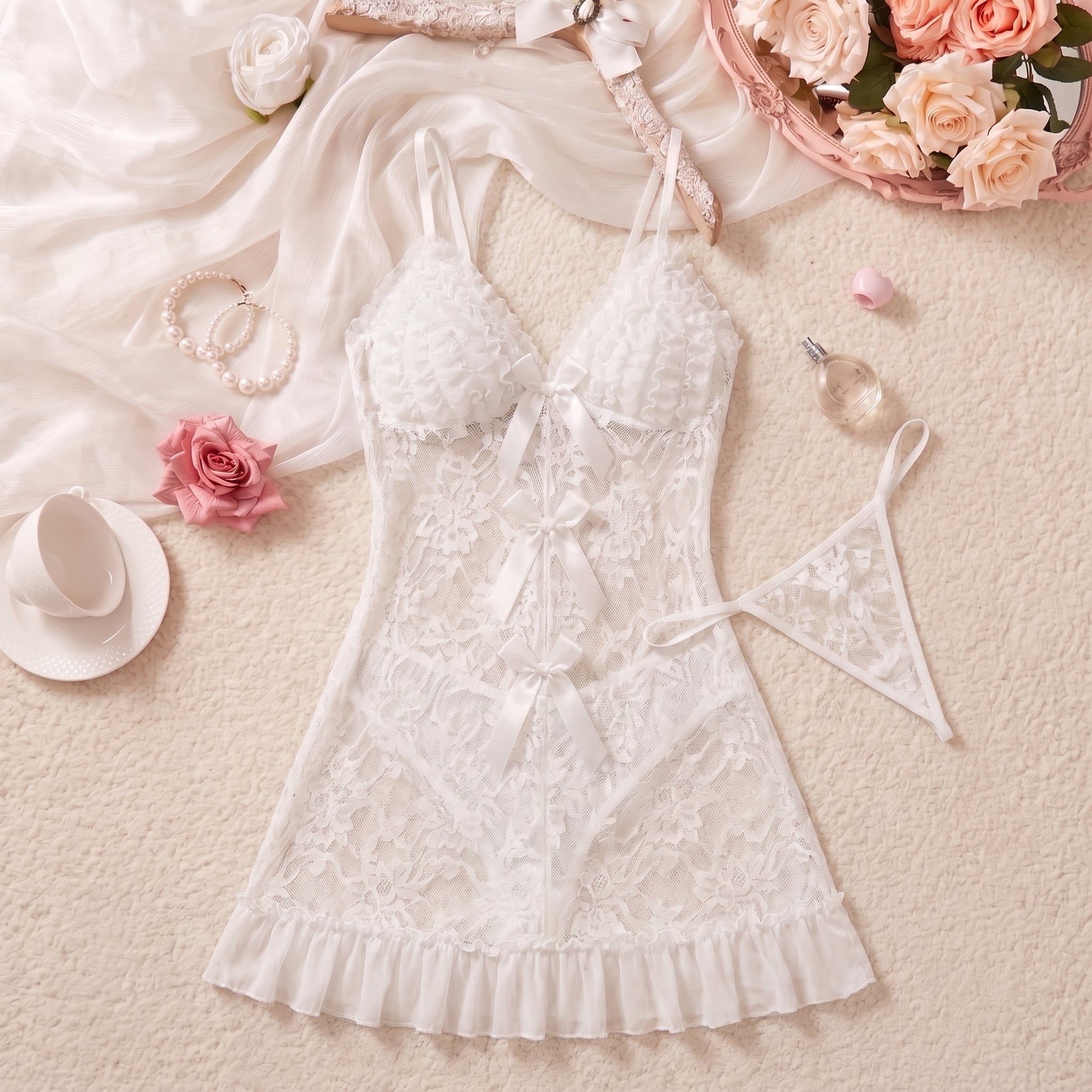 Dove Reverie Ruffled Lace Slip Set