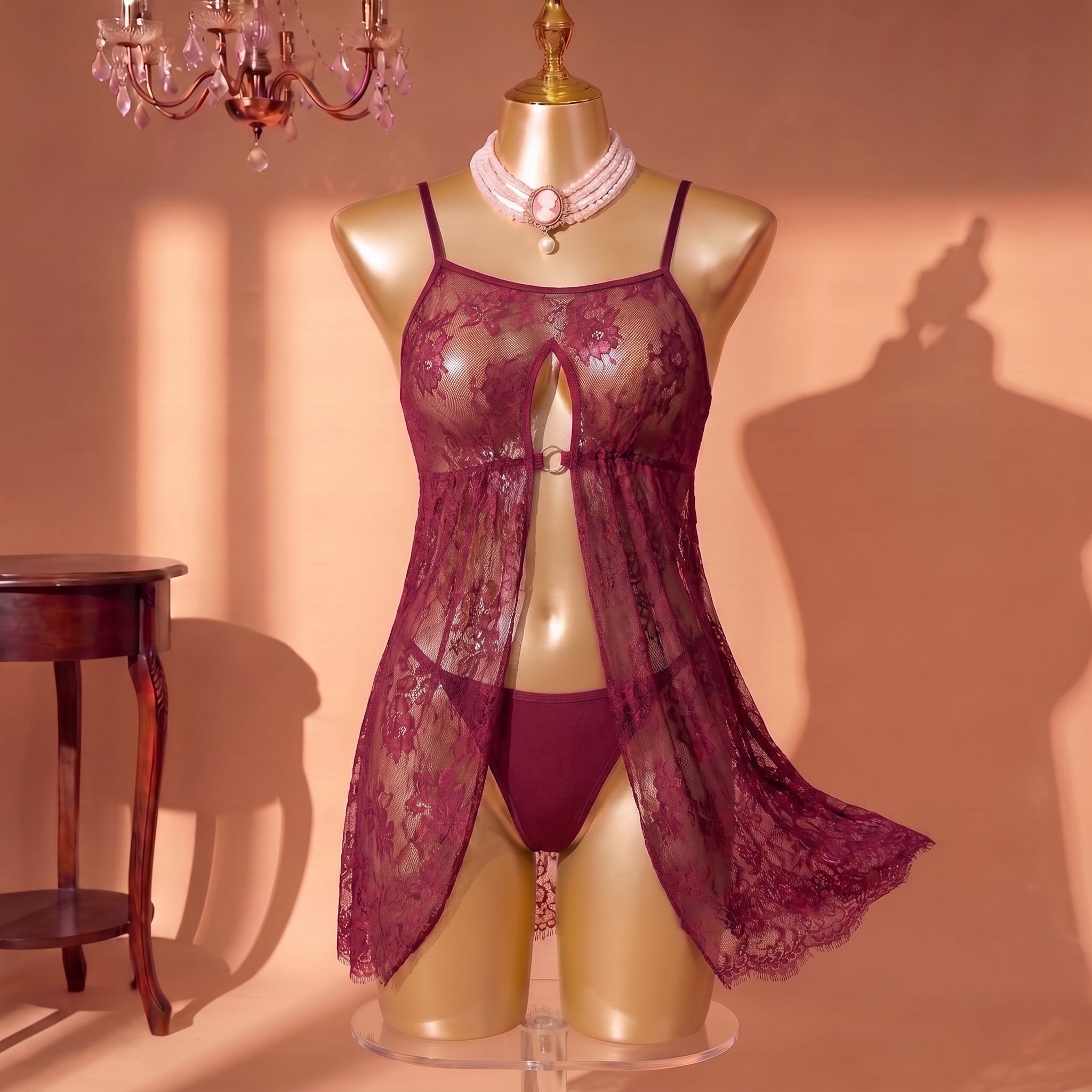Burgundy Reverie Open-Front Lace Babydoll Set