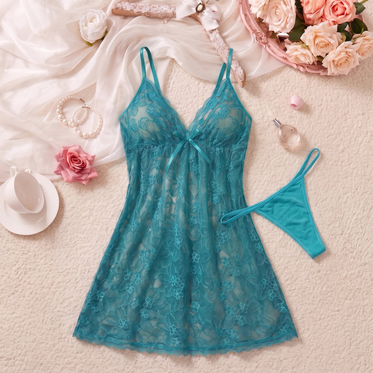 Aqua Reverie Lace Babydoll Set