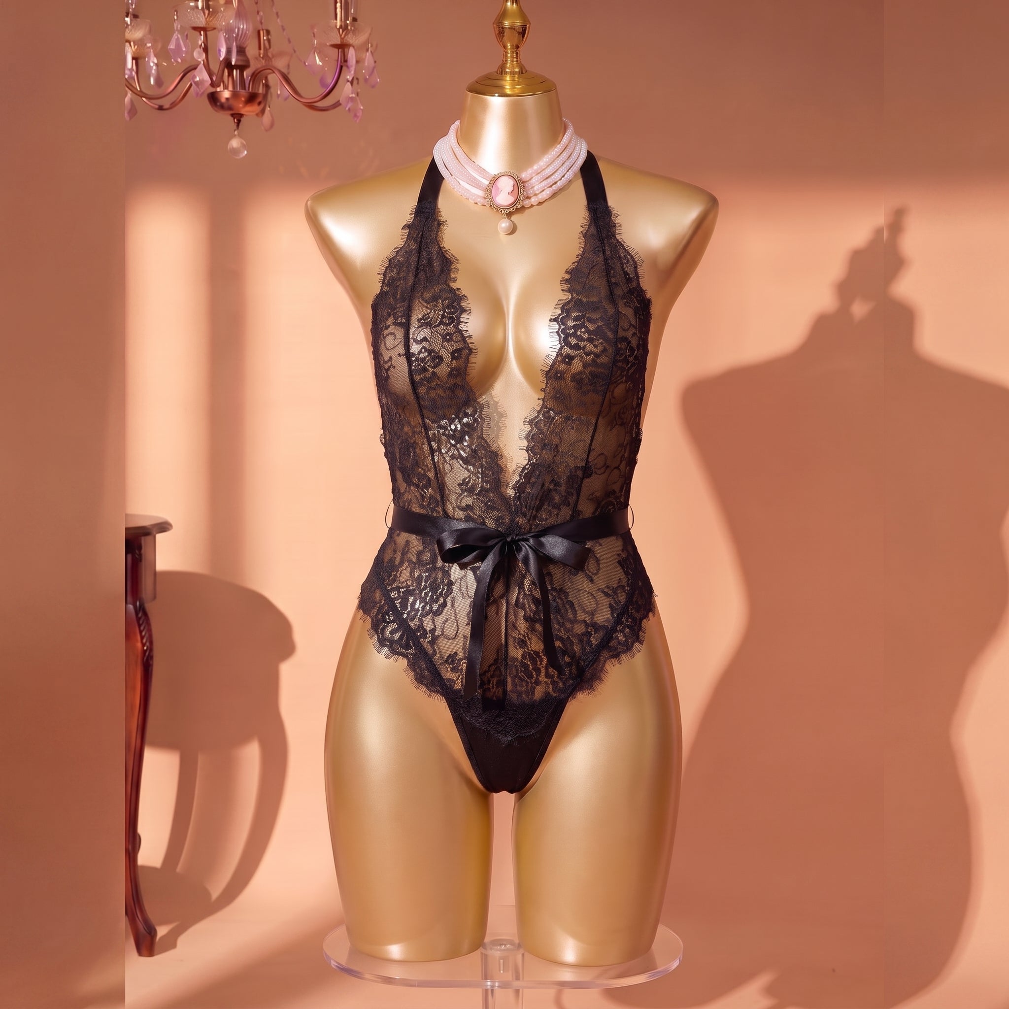 Silver Reverie Halter Lace Bodysuit