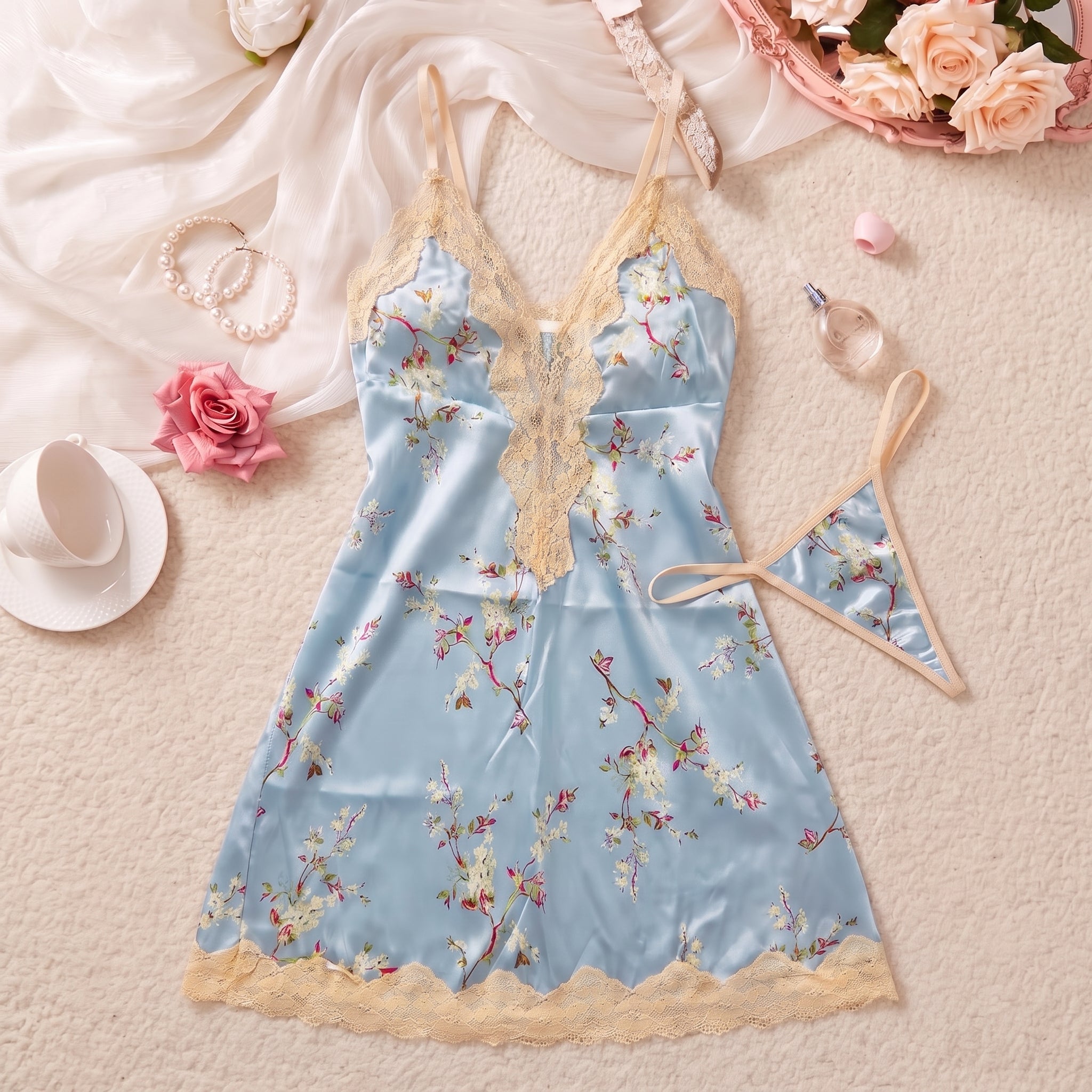 Sky Blossom Silk & Lace Slip