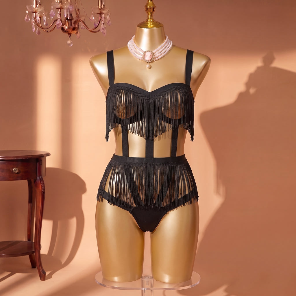 Noir Fringe Strappy Bodysuit Set