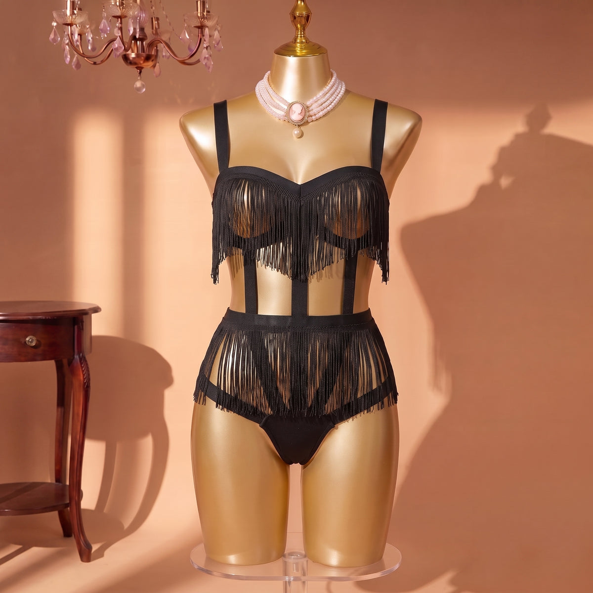 Noir Fringe Strappy Bodysuit Set