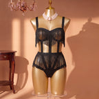 Noir Fringe Strappy Bodysuit Set