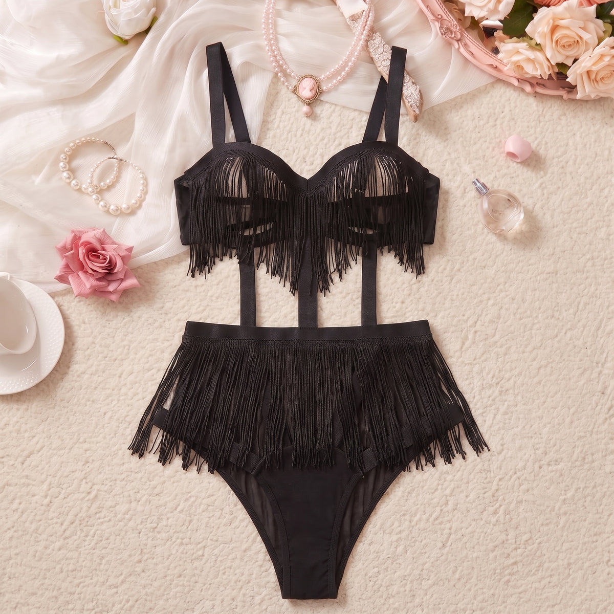 Noir Fringe Strappy Bodysuit Set
