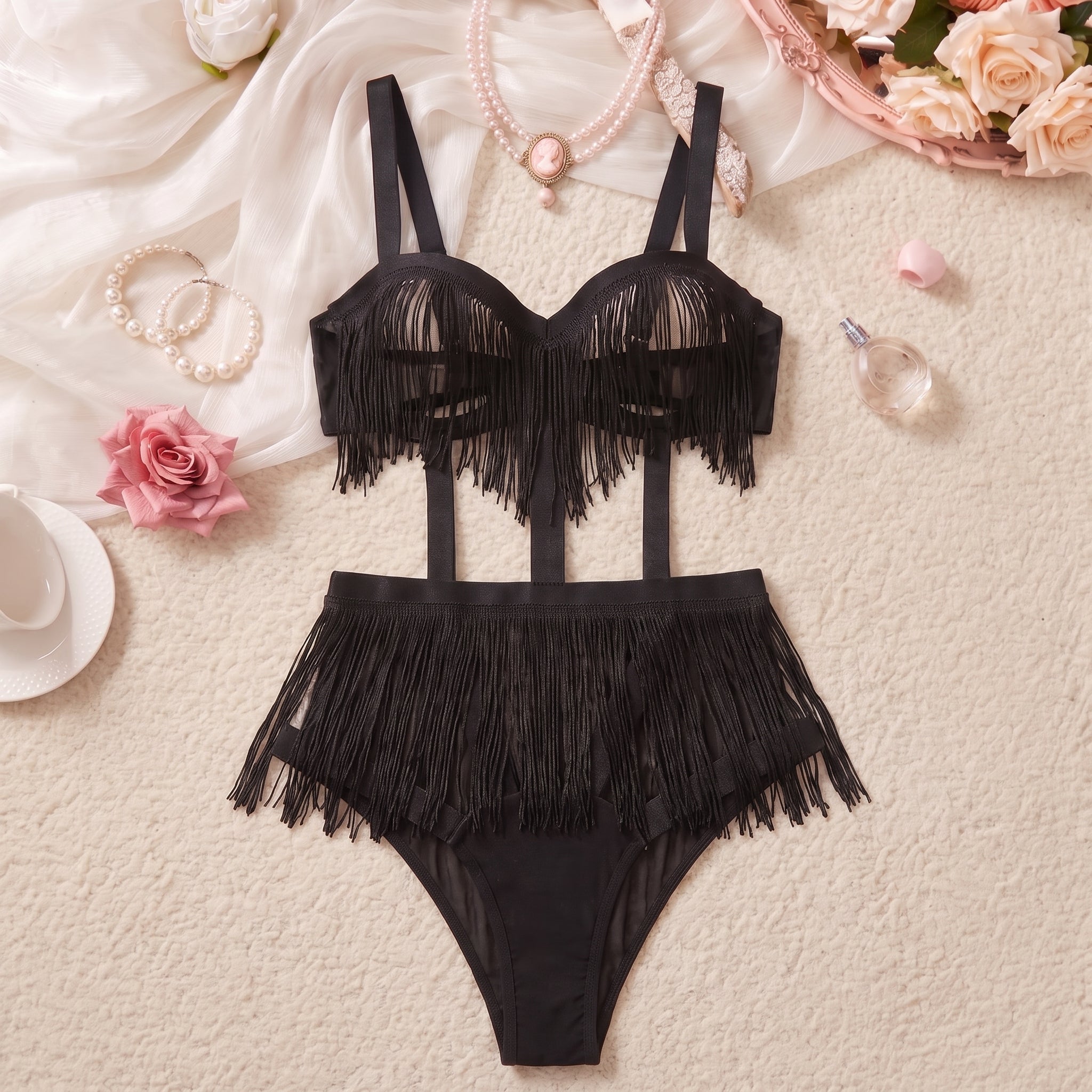 Noir Fringe Strappy Bodysuit Set