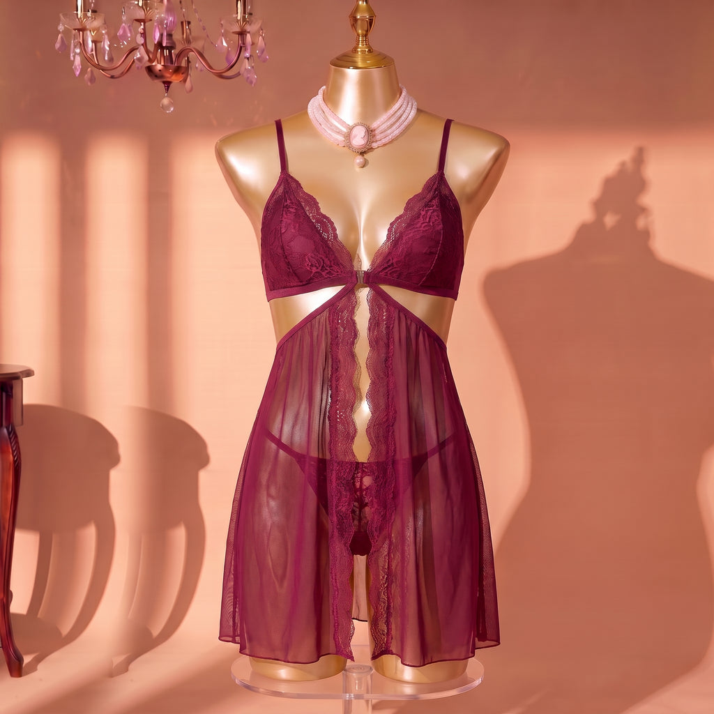 Burgundy Allure Open-Front Babydoll Set